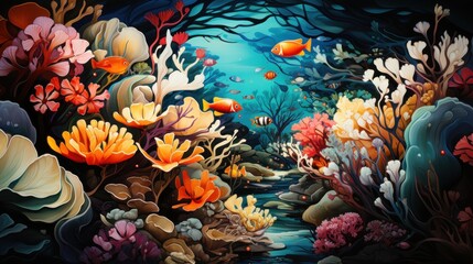 Obraz na płótnie Canvas a painting of an underwater scene with corals, fish, and other marine life on a dark blue background.