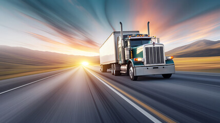 Big rig trucking at dusk, transport logistics, highway travel, sunset backdrop, freight industry, dynamic motion, cross-country, commercial delivery. - obrazy, fototapety, plakaty