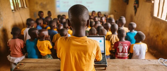 volunteer teacher showing an educational app on a laptop to children, generative ai.