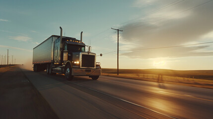 Classic semi-truck cruising on rural highway at sunset, golden sunlight, freight transport, commercial vehicle, long-distance haul, travel, logistics