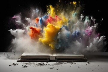  an open book sitting on top of a table next to a pile of smoke and colored powder on top of it.