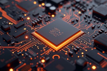 Fototapeta na wymiar 3D render AI artificial intelligence technology CPU central processor unit chipset on the printed circuit board for electronic and technology concept select focus shallow depth of field