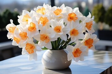  a white vase filled with lots of white and orange flowers on top of a wooden table next to a window.