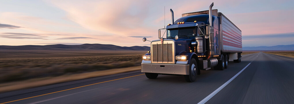 Classic semi-truck cruising on rural highway at sunset, golden sunlight, freight transport, commercial vehicle, long-distance haul, travel, logistics
