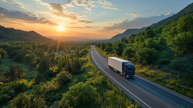 Truck driving through lush countryside at sunrise, warm golden light on the horizon, logistics transport, highway, scenic journey, freight delivery.