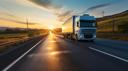 Freight logistics on the move, semi-truck against sunset in mountains, transportation industry, road journey, cargo delivery, commercial trucking.