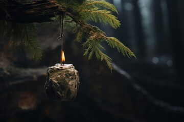  a lit candle hanging from a tree branch in the middle of a forest with a mossy branch in the foreground.