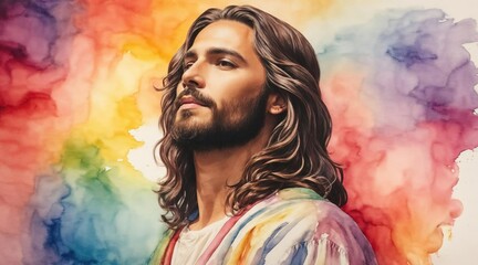 Colorful watercolor painting of Jesus Christ. Colorful easter illustration of Jesus. Generative AI. - obrazy, fototapety, plakaty