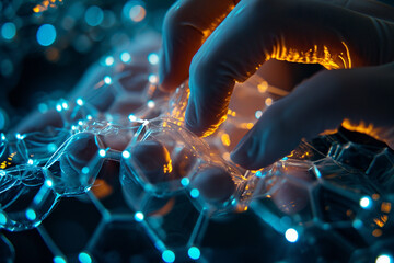 A close-up of hands manipulating nanotechnology materials, emphasizing the microscopic know-how and inventions of the future