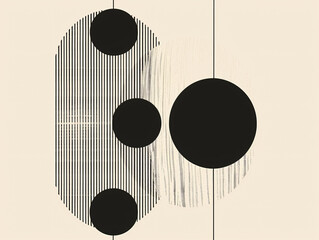 Abstract minimalist composition with black circles and stripes. Digital artwork in beige and black. Modern graphic design for poster and wallpaper. Flat lay composition with copy space
