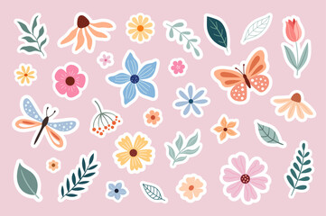 Spring-summer set of stickers with butterflies and flowers