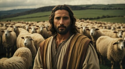 Jesus Christ and his disciples tending a flock of sheep. Generative AI. - obrazy, fototapety, plakaty