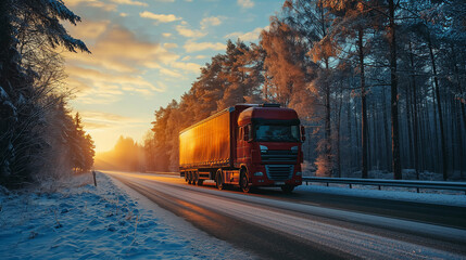 Obraz premium Red semi-truck on snowy winter road at sunrise, showcasing commercial transport, freight logistics, cold weather driving, and scenic beauty.