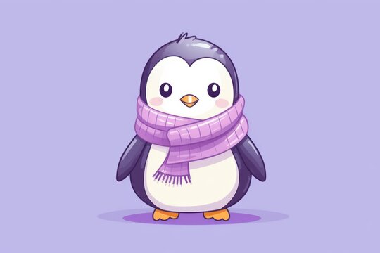  a penguin with a scarf around it's neck and a purple scarf around it's neck, standing in front of a purple background.