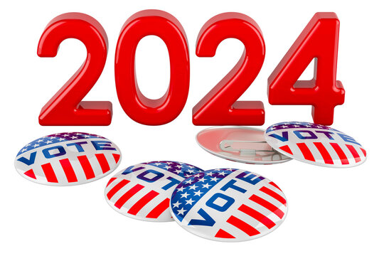 2024 United States elections, concept with badge voters. 3D rendering isolated on transparent background