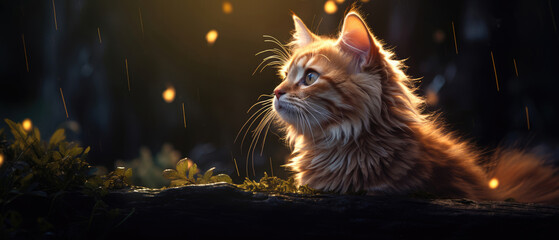 Portrait of a beautiful fluffy ginger cat. Horizontal banner