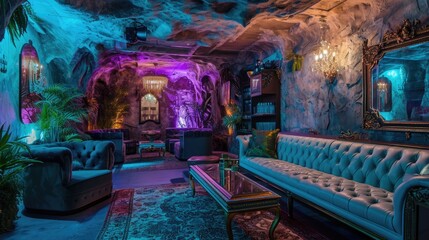 Interior of a night club with a lot of different furniture