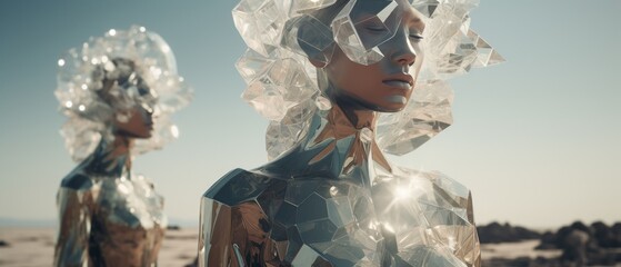 A group of silver or metal people with surreal crystals on their heads