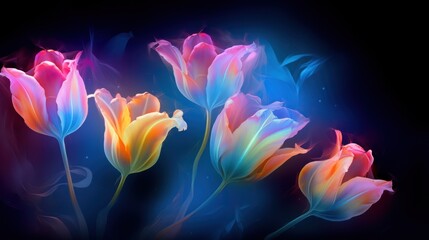  a close up of a bunch of flowers on a black background with a blue and red light in the background.