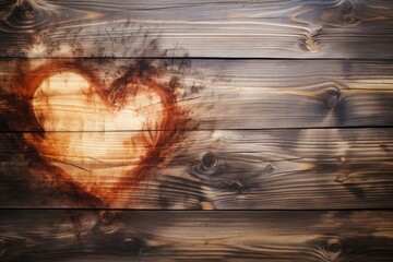  a painting of a heart on a wood planked wall with a red light coming out of the center of the heart.