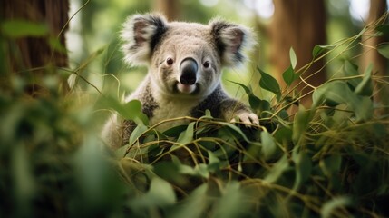  a close up of a koala in a tree with leaves in the foreground and trees in the background.