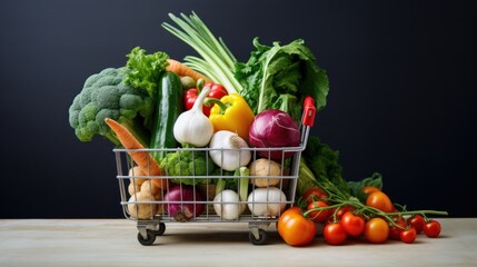 a shopping cart filled with assorted vegetables on top of a wooden table next to a pile of tomatoes, broccoli, radishes and other vegetables.