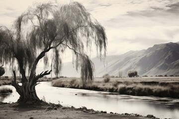  a black and white photo of a tree next to a body of water with mountains in the background and clouds in the sky.