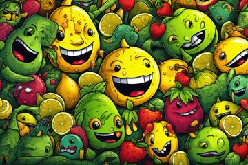  an image of a bunch of fruits and vegetables that look like they have been painted to look like cartoon characters. - obrazy, fototapety, plakaty