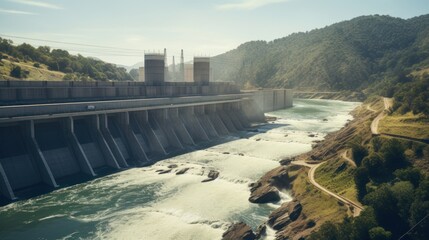  a large body of water next to a forest covered hillside with power lines on top of it and a dam on the other side of the river.