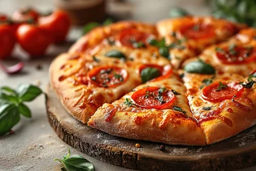 Foto op Plexiglas Delicious pepperoni pizza on a dark background, sausage pizza, italian pepperoni pizza in pizzeria © Vasiliy