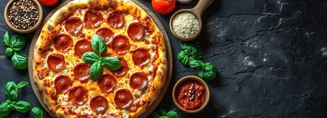 Poster Delicious pepperoni pizza on a dark background, sausage pizza, italian pepperoni pizza in pizzeria © Vasiliy
