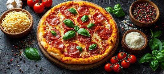 Fototapeta na wymiar Delicious pepperoni pizza on a dark background, sausage pizza, italian pepperoni pizza in pizzeria