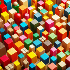 Wall made of colored wooden blocks. Colorful wooden blocks. AI Generation.