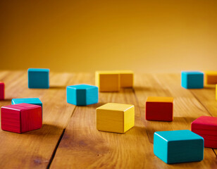 Wall made of colored wooden blocks. Colorful wooden blocks. AI Generation.
