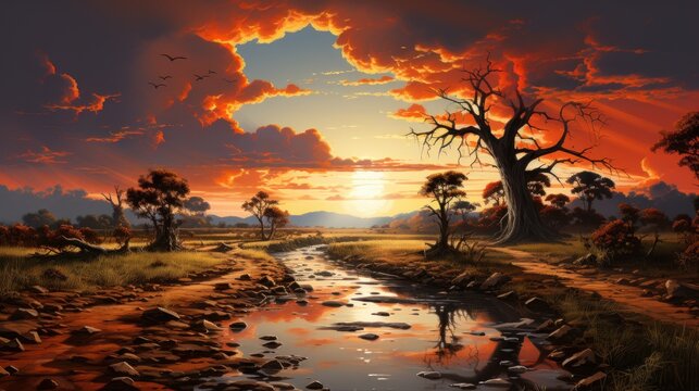  a painting of a sunset with a river running through the center of the picture and birds flying in the sky.