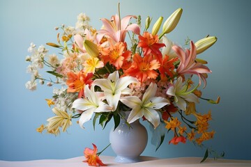  a white vase filled with lots of colorful flowers on top of a white table with a blue wall in the background.