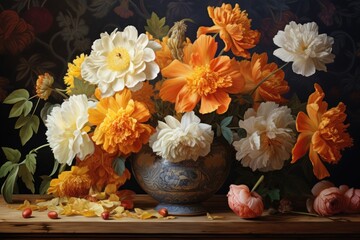  a painting of a bunch of flowers in a vase on a table with other flowers in front of the vase.