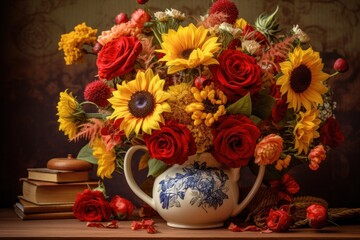  a bouquet of sunflowers, roses, and other flowers in a blue and white vase on a table.
