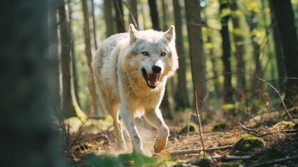  a white wolf walking through a forest with its mouth open and it's mouth wide open and it's mouth wide open.