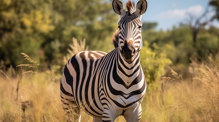  a close up of a zebra in a field of tall grass with trees in the back ground and a blue sky in the background.
