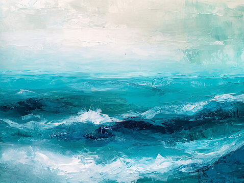 Serene turquoise seascape acrylic painting. Smooth and textured brushwork evoking the calm of ocean waves, perfect for peaceful interior design
