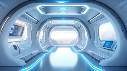 Futuristic spacecraft interior in a minimalist style. Concept of space travel, future technology, exploration, cosmic living, and Earth observation.