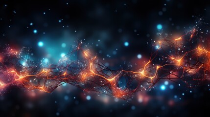  a computer generated image of a network of orange and blue lights on a dark blue background with snow flakes.