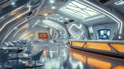 Modern futuristic minimalist design of a spaceship interior with a modern aesthetic. Concept of space travel, future technology, exploration, cosmic living, and Earth observation.