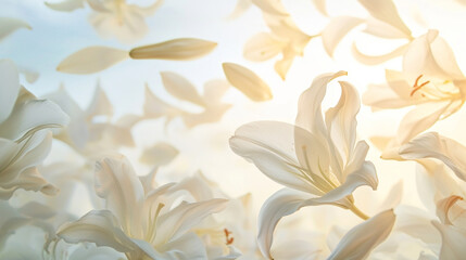 A dreamy descent of white lily petals against a twilight sky, falling flower petals, Valentine's Day, dynamic and dramatic compositions, with copy space