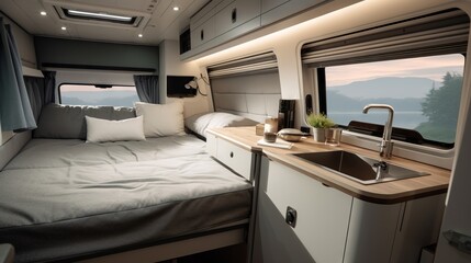 Comfortable motorhome interior design with cozy interior and scenic nature outlook. Concept of mobile living, adventure travel, road trips, and nature-connected lifestyles.
