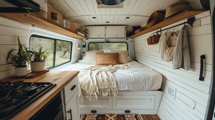 Interior of a contemporary RV featuring and nature outside. Concept of mobile living, adventure travel, road trips, and nature-connected lifestyles.