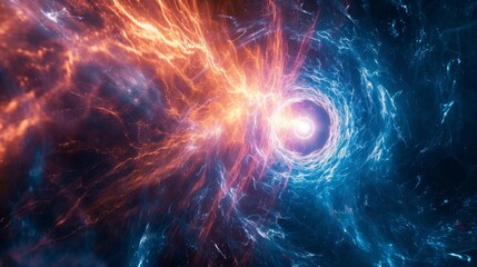 Vibrant cosmic energy surge with dynamic interplay of electric blues and fiery reds. Magnetic storm in outer space. Concepts of cosmos, energy, abstract, fantasy background and dynamic flow.