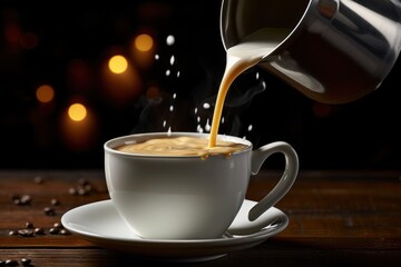  a cup of coffee being poured into a white cup with a saucer on a saucer on a wooden table.