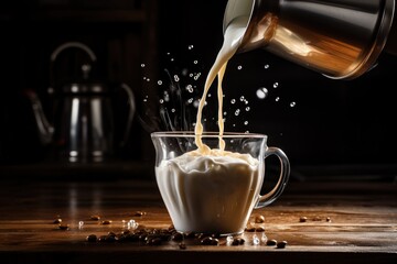 a pitcher of milk being poured into a cup of coffee on a wooden table with coffee beans scattered...